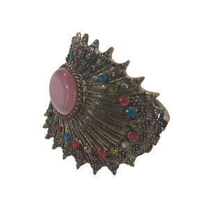 Ornate Sunburst Cuff Bracelet Pink Gem Accents Antique Gold Tone Brass Vintage‎